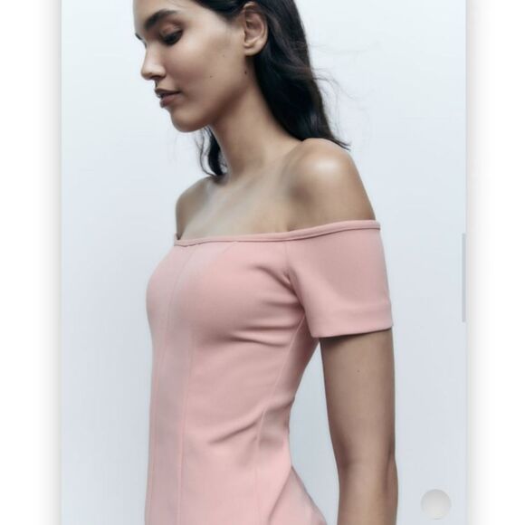 Zara Top Stitched Pale Pink Off The Shoulder Midi Dress US XS BNWT - Picture 5 of 11
